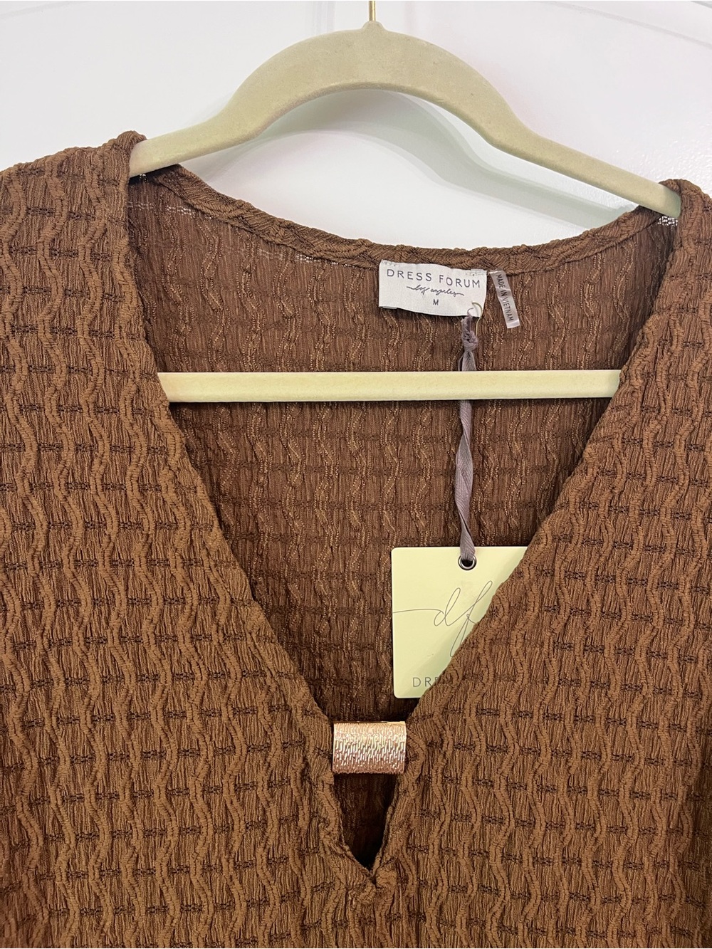 Dress Forum Brown Textured Maxi with Bell Sleeves Semi-Sheer V Neck Sz MED NWT - Picture 3 of 10